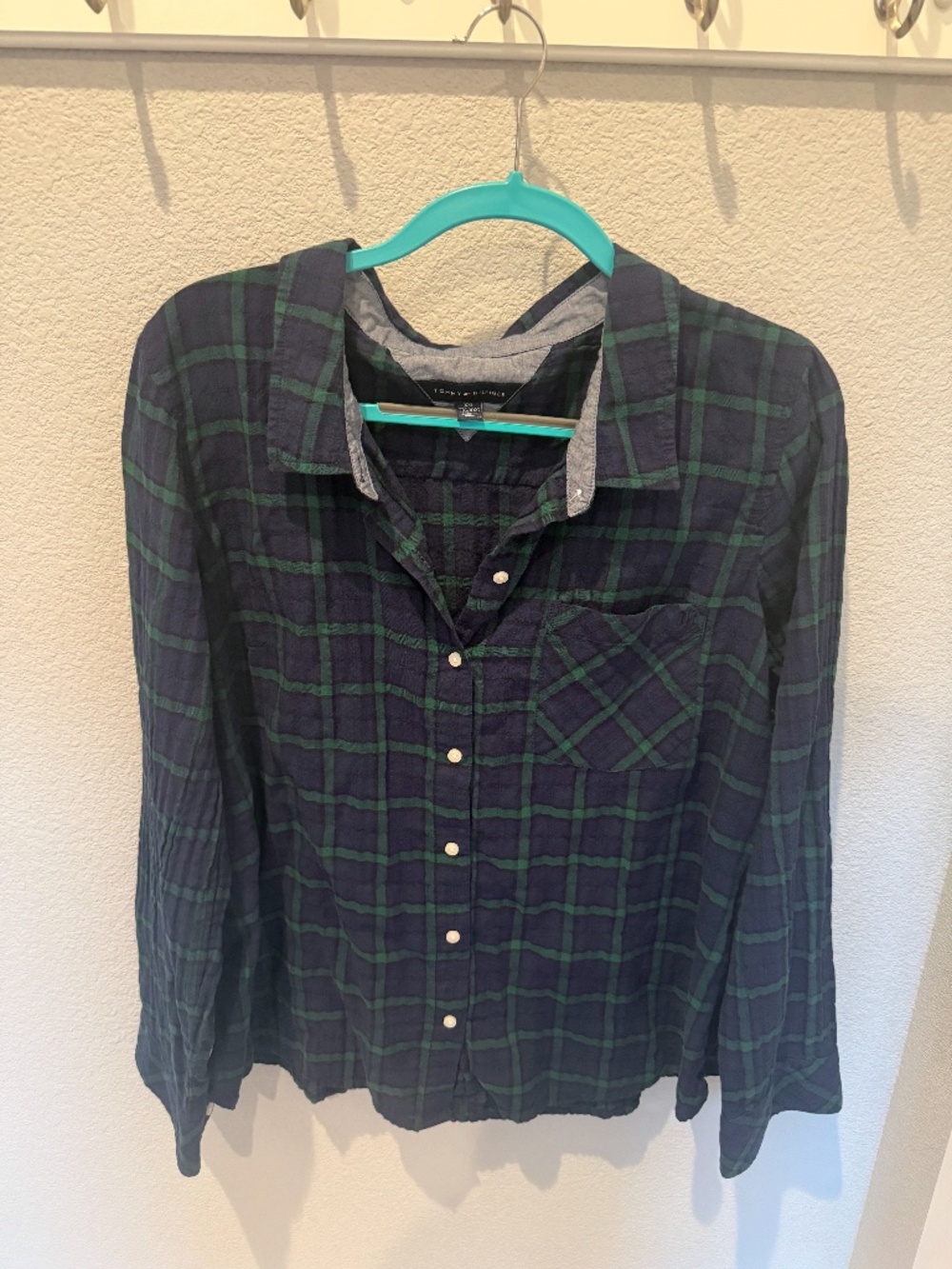 Tommy Hilfiger Womens Size XXL Blue Green Plaid Button Down Long Sleeve Top